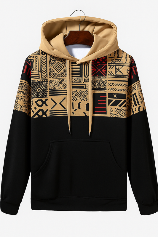 Tribal Geometric Patchwork Hoodie – Black & Tan Ethnic Pattern Pullover for Men