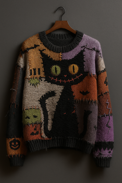 Patchwork Black Cat Halloween Sweater – Colorful Spooky Knit Jumper | Unisex Cozy Fall Pullover