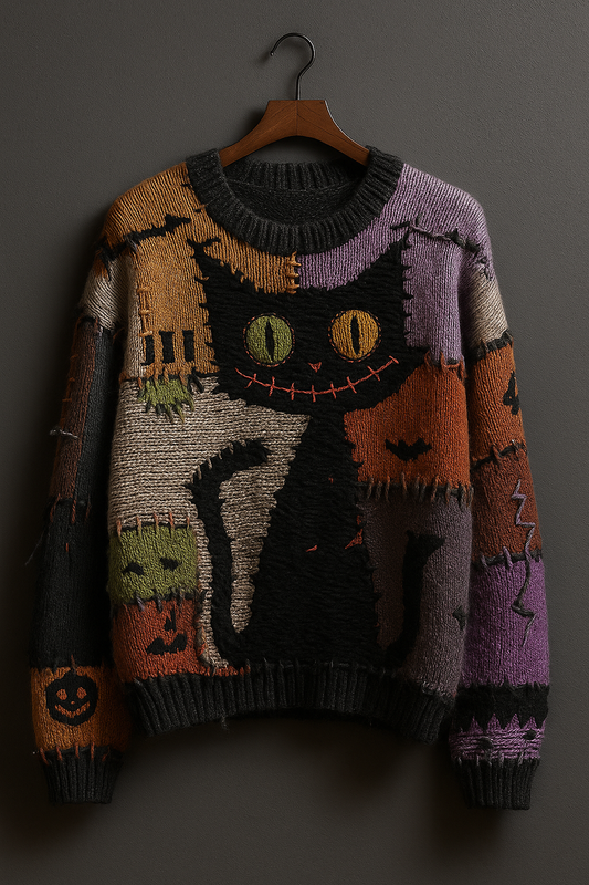Patchwork Black Cat Halloween Sweater – Colorful Spooky Knit Jumper | Unisex Cozy Fall Pullover