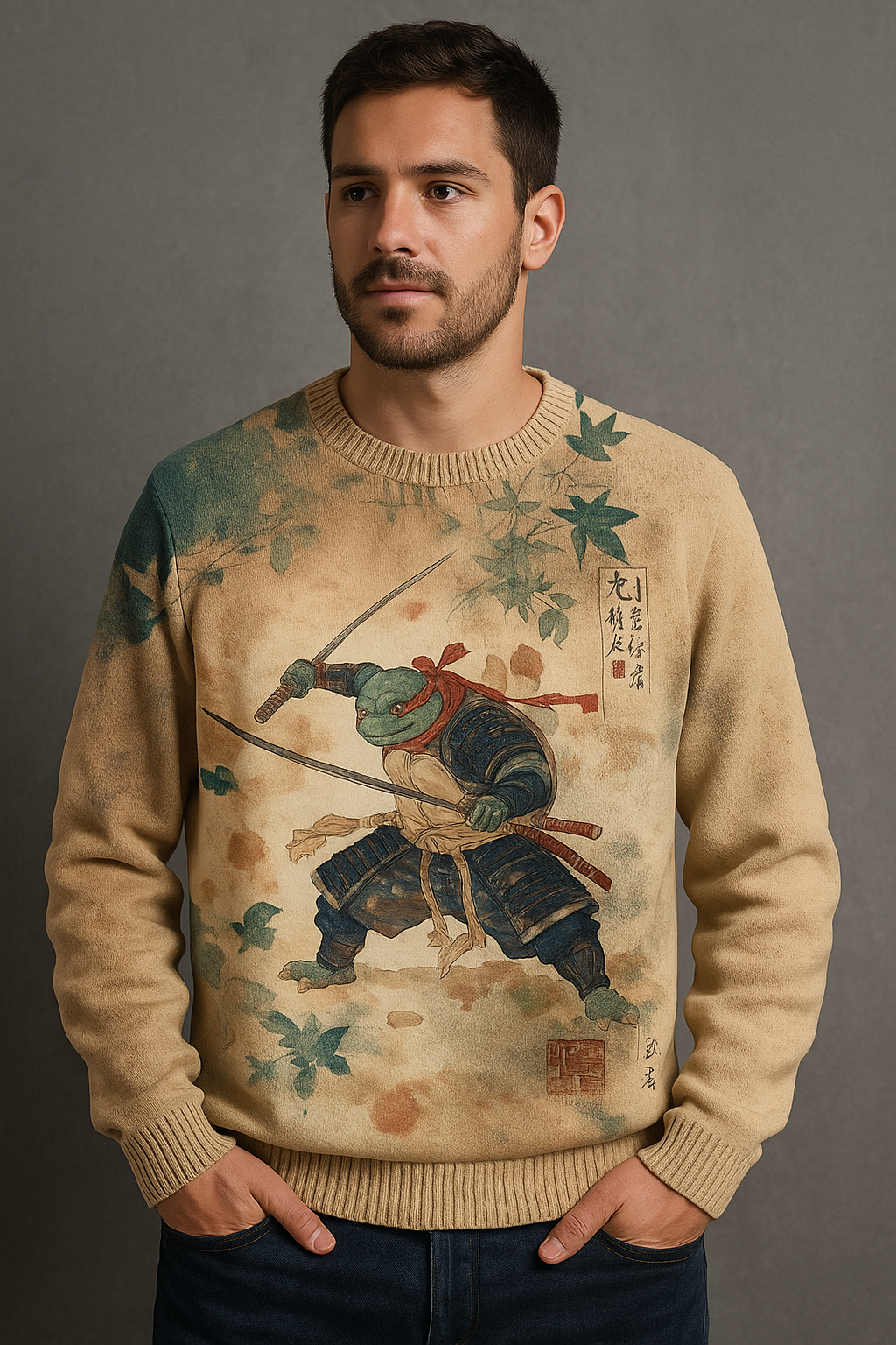Vintage Japanese Art Warrior Turtle Sweatshirt – Unisex Retro Samurai Style Pullover (Beige)