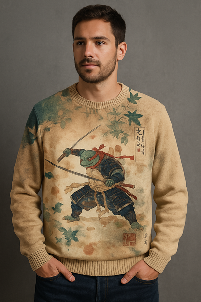 Vintage Japanese Art Warrior Turtle Sweatshirt – Unisex Retro Samurai Style Pullover (Beige)