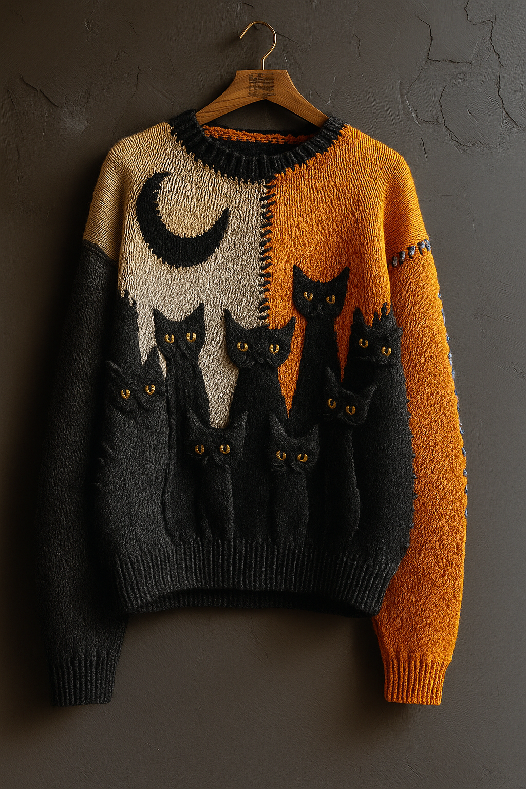 Black Cat Moon Sweater – Cozy Knitted Halloween Cat Pullover | Vintage Fall Unisex Sweater