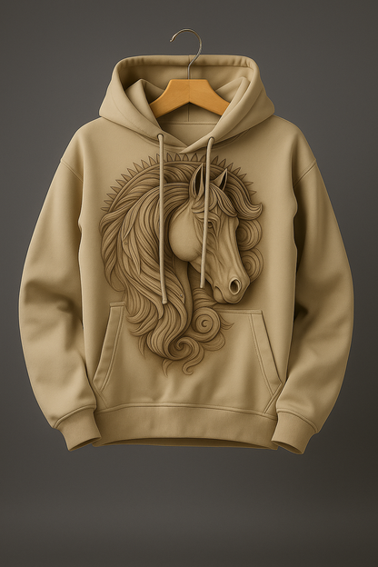 Beige Horse Hoodie – Detailed Stallion Artwork Sweatshirt | Western Cowboy Style Hoodie
