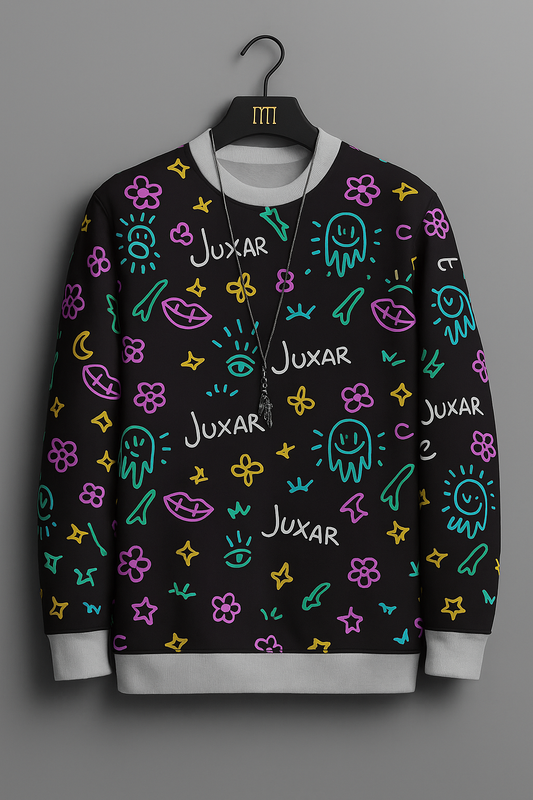Juxar Doodle Art Sweatshirt – Colorful Hand-Drawn Pattern Unisex Pullover | Streetwear Graphic Crewneck