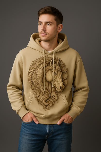 Beige Horse Hoodie – Detailed Stallion Artwork Sweatshirt | Western Cowboy Style Hoodie