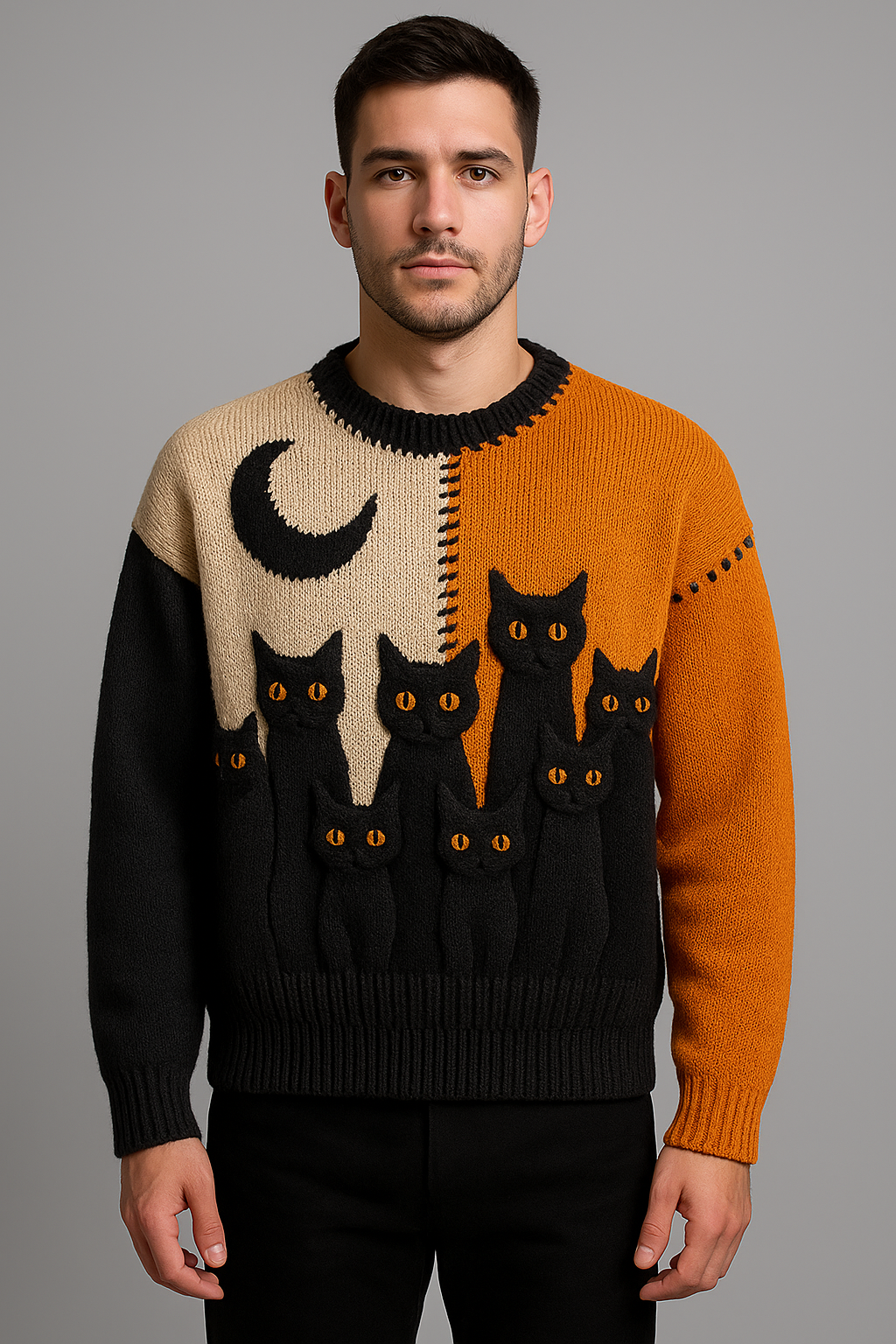 Black Cat Moon Sweater – Cozy Knitted Halloween Cat Pullover | Vintage Fall Unisex Sweater