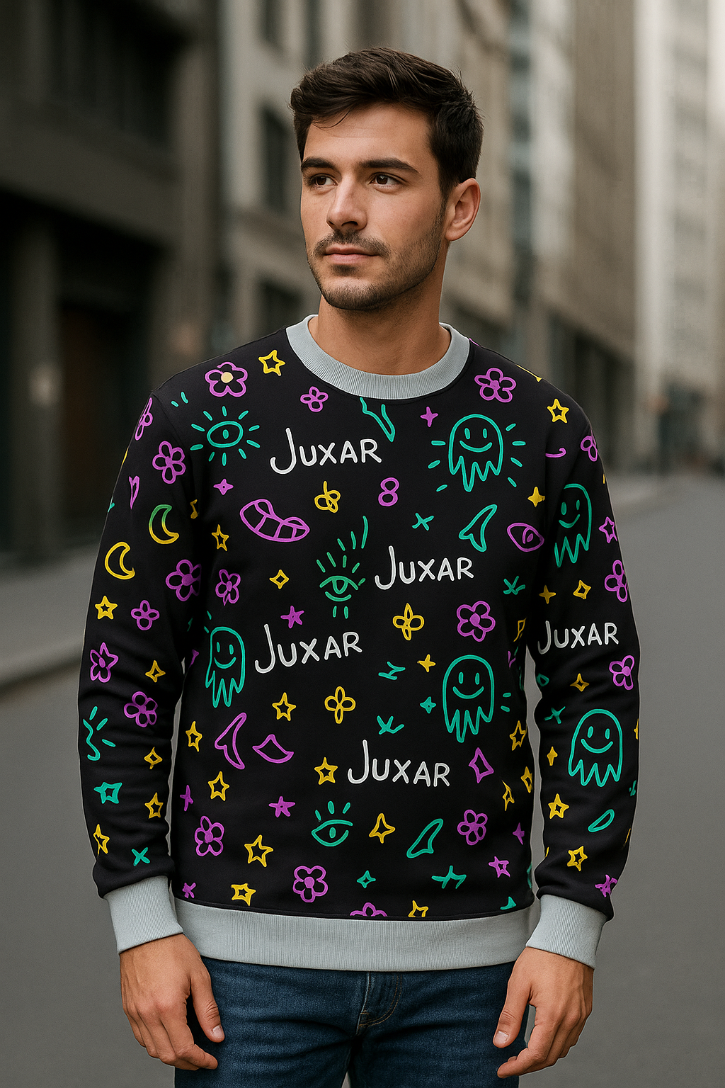 Juxar Doodle Art Sweatshirt – Colorful Hand-Drawn Pattern Unisex Pullover | Streetwear Graphic Crewneck