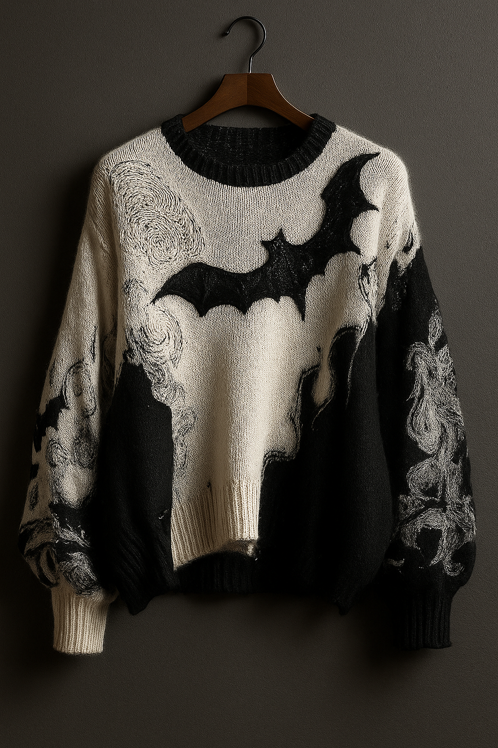 Black & Cream Bat Sweater – Gothic Halloween Knit Pullover | Unisex Spooky Aesthetic Sweater