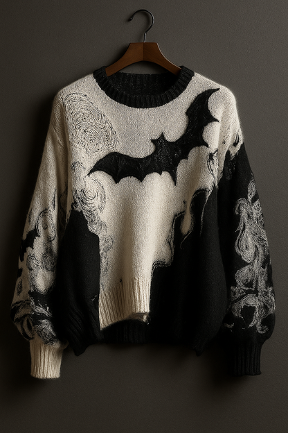Black & Cream Bat Sweater – Gothic Halloween Knit Pullover | Unisex Spooky Aesthetic Sweater