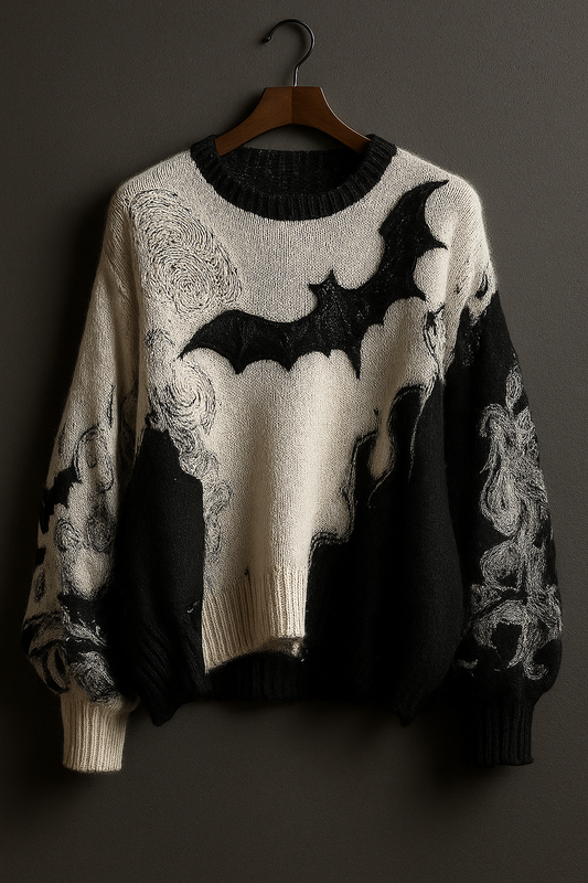 Black & Cream Bat Sweater – Gothic Halloween Knit Pullover | Unisex Spooky Aesthetic Sweater