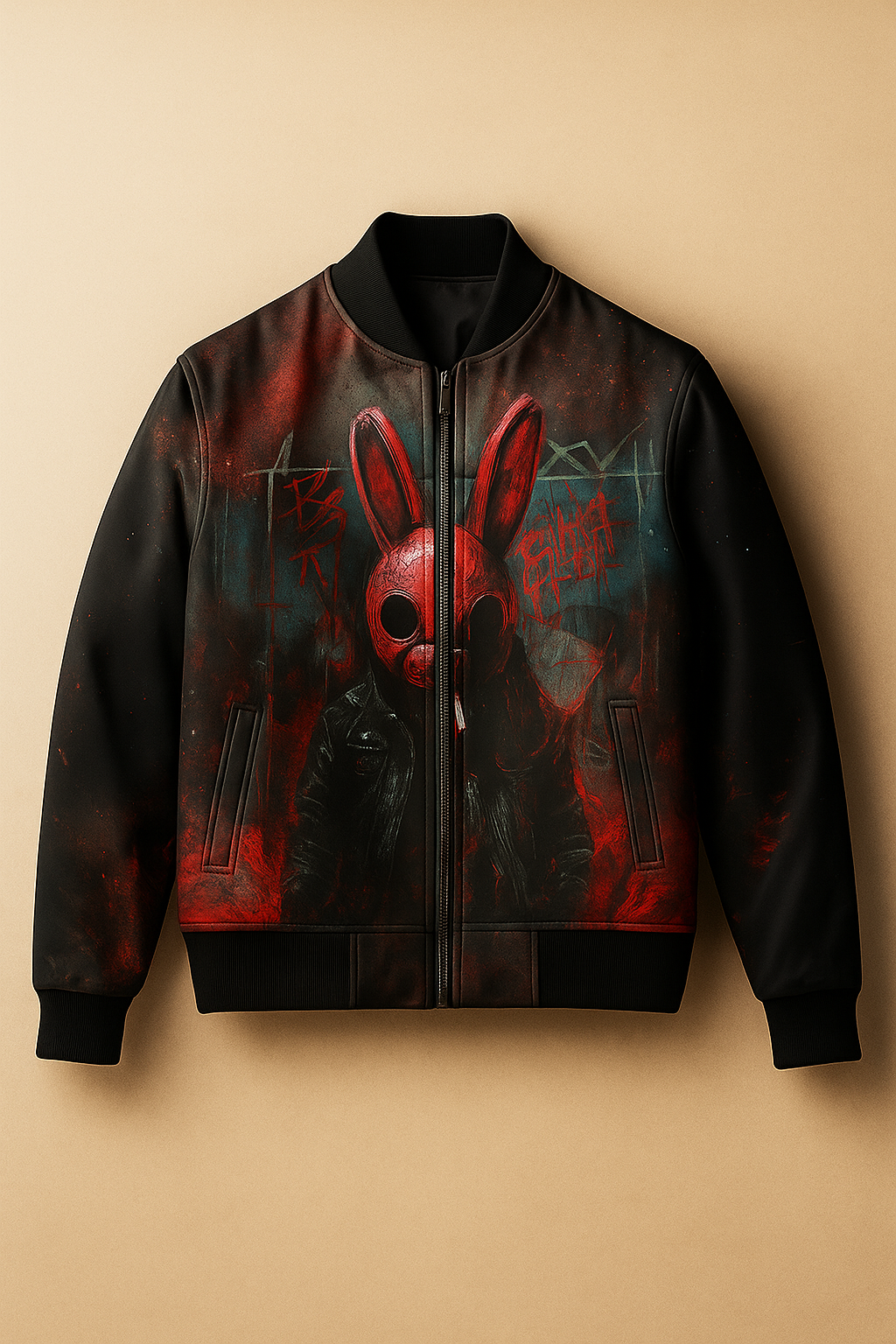 Red Graffiti Bunny Mask Bomber Jacket – Dark Street Art Graphic | Unisex Zip-Up Jacket