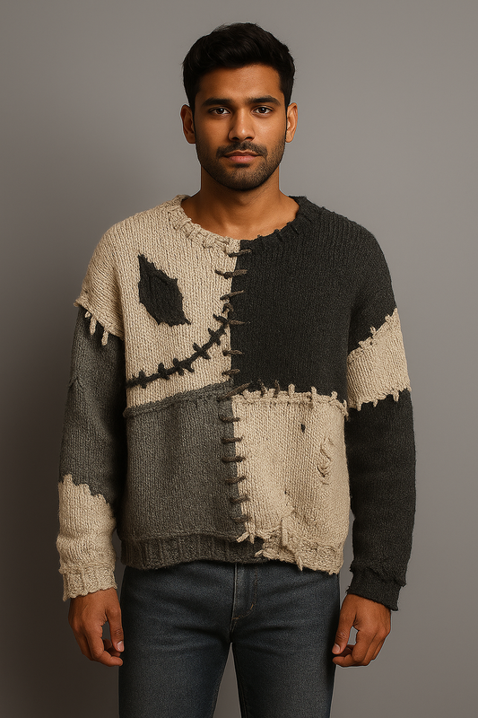 Patchwork Skeleton Smile Sweater – Distressed Grunge Knit | Two-Tone Halloween Pullover | Unisex Spooky Cozy Fall Sweater