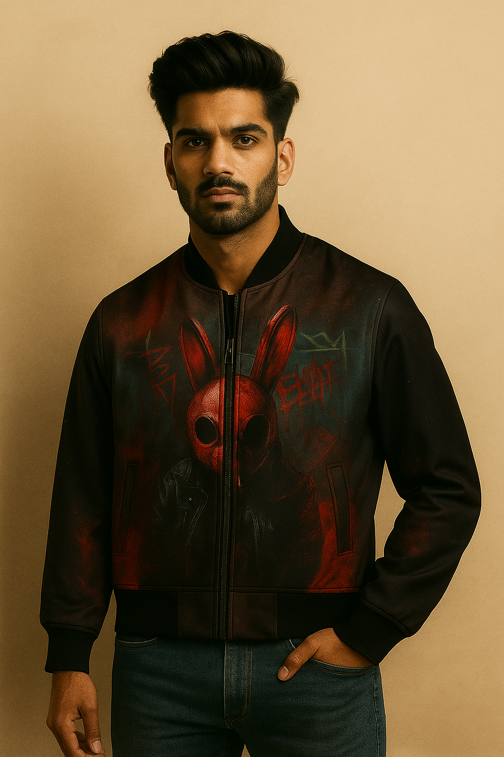 Red Graffiti Bunny Mask Bomber Jacket – Dark Street Art Graphic | Unisex Zip-Up Jacket