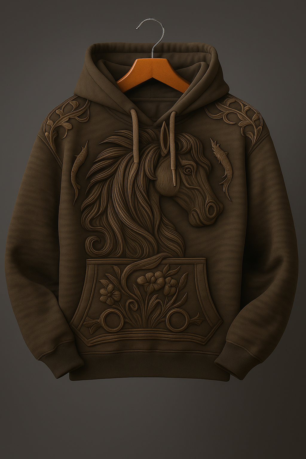 3D Embossed Horse Hoodie – Vintage Western Brown Carved Leather-Style Sweatshirt