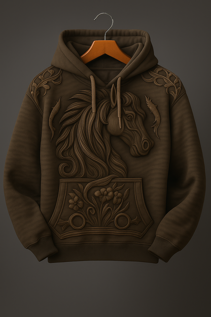 3D Embossed Horse Hoodie – Vintage Western Brown Carved Leather-Style Sweatshirt