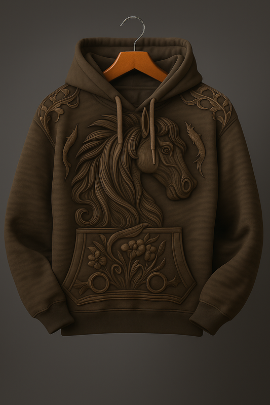 3D Embossed Horse Hoodie – Vintage Western Brown Carved Leather-Style Sweatshirt