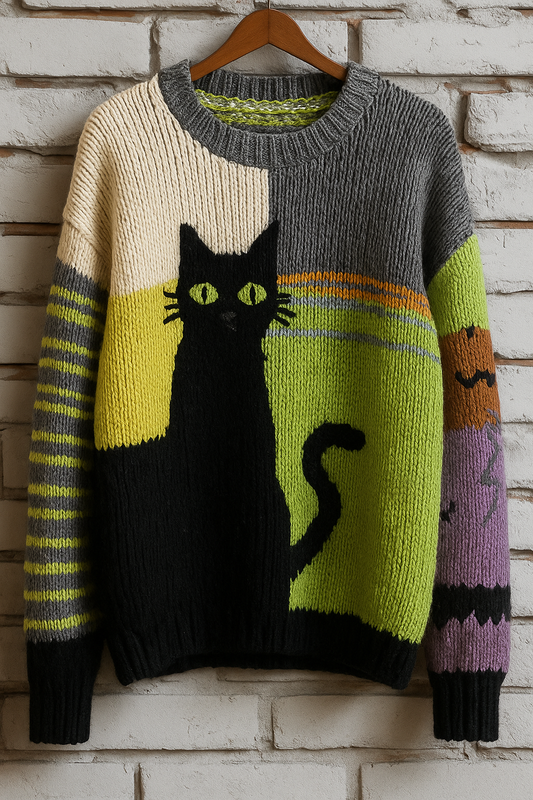 Colorblock Black Cat Knit Sweater – Retro Halloween Pullover | Striped Sleeves | Cozy Unisex Fall Sweater