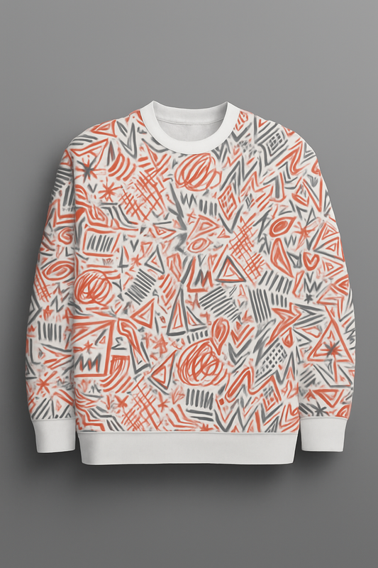 Abstract Chaos Art Sweatshirt – Red & Grey Patterned All-Over Print Unisex Crewneck | Artistic Streetwear Pullover