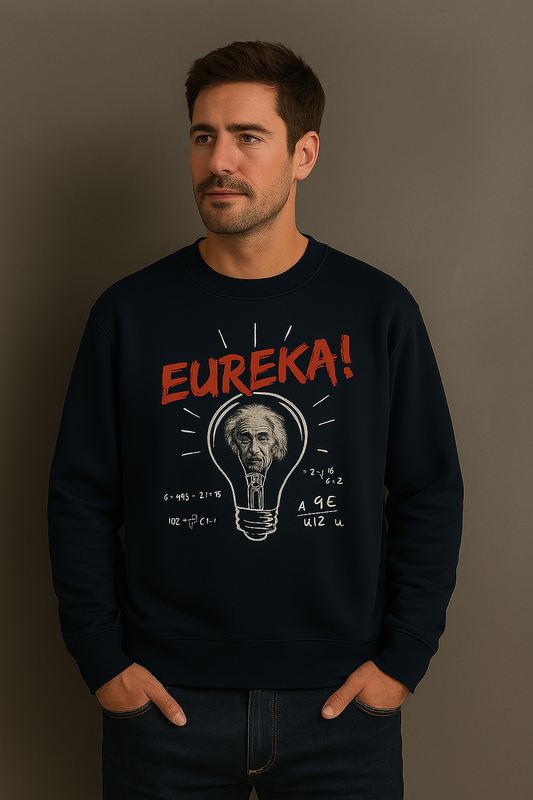 Unisex “Eureka!” Science Sweatshirt – Lightbulb Scientist Illustration Pullover (Navy)
