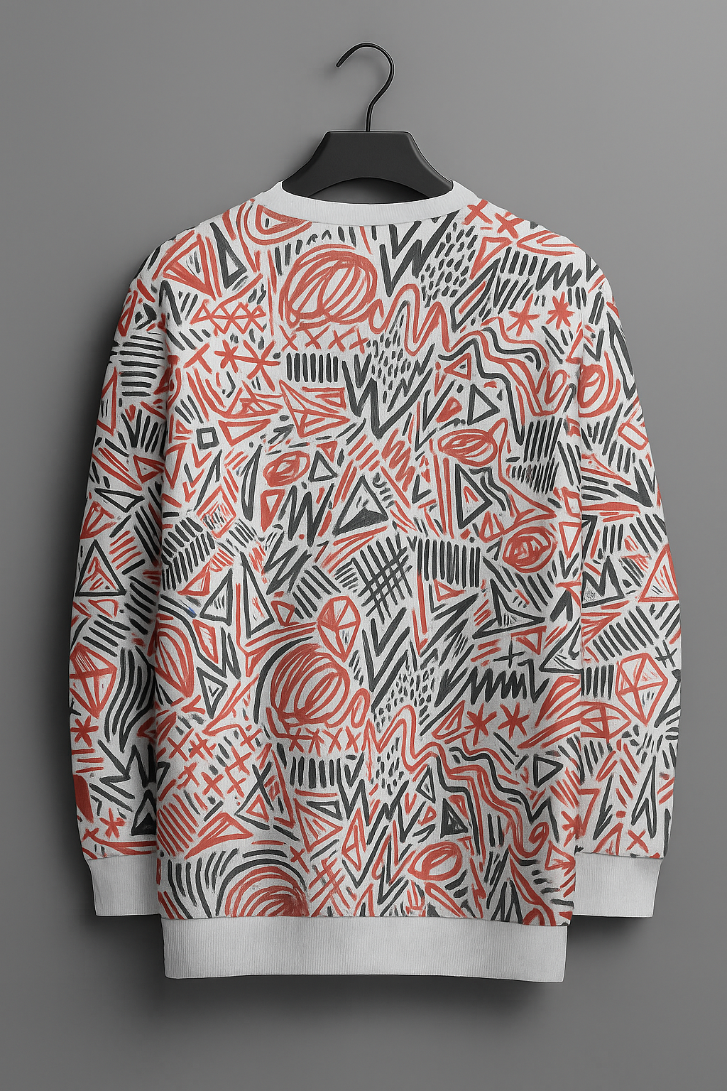 Abstract Chaos Art Sweatshirt – Red & Grey Patterned All-Over Print Unisex Crewneck | Artistic Streetwear Pullover