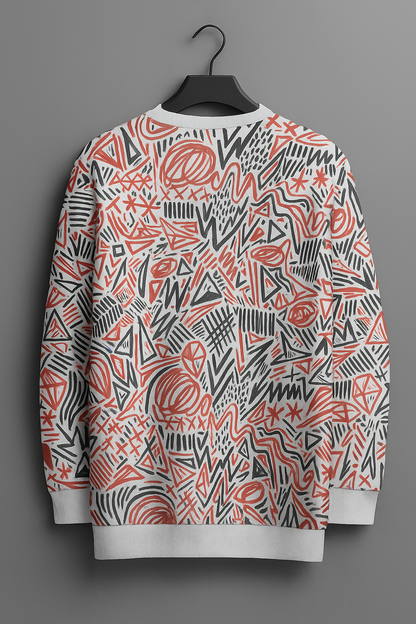 Abstract Chaos Art Sweatshirt – Red & Grey Patterned All-Over Print Unisex Crewneck | Artistic Streetwear Pullover