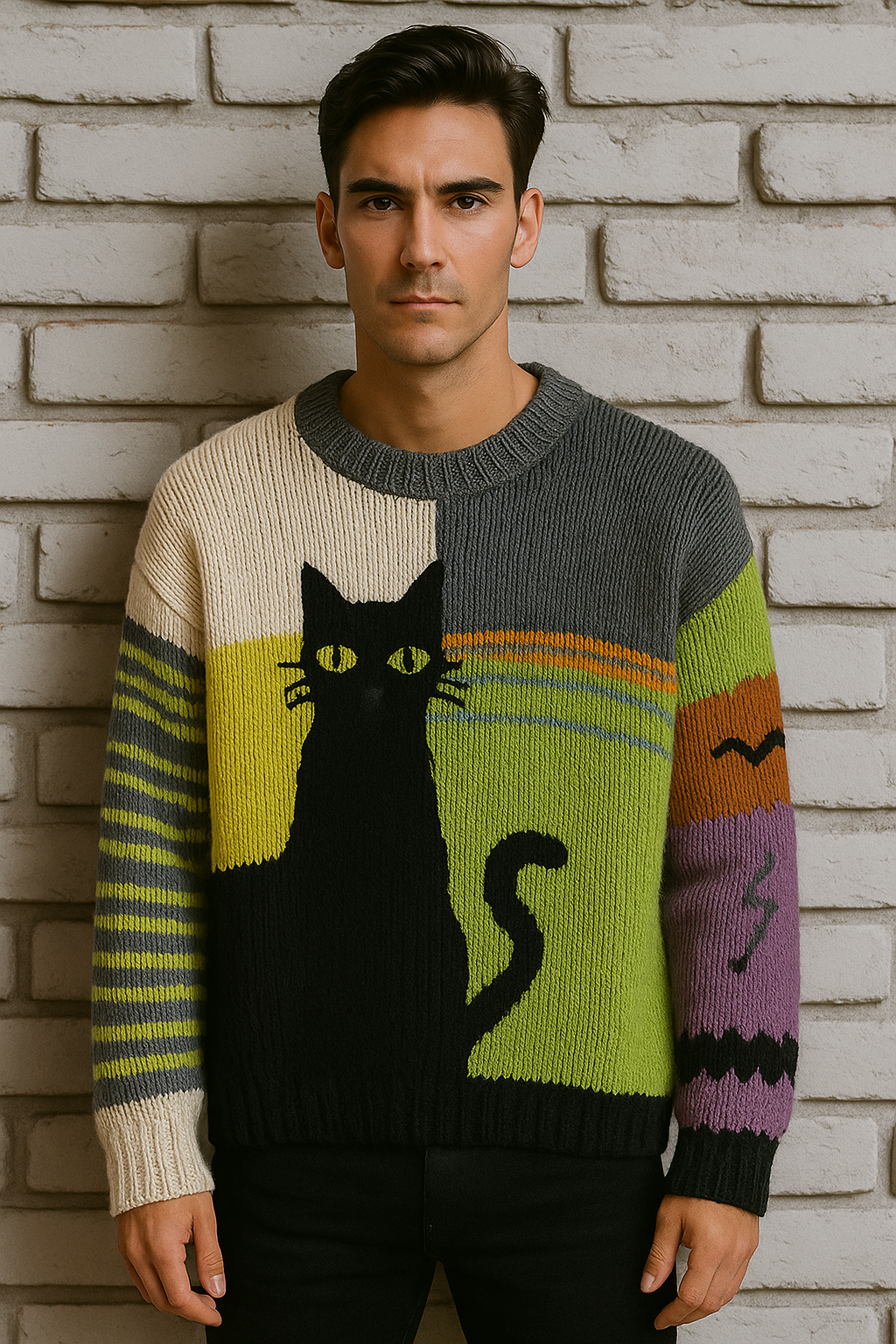 Colorblock Black Cat Knit Sweater – Retro Halloween Pullover | Striped Sleeves | Cozy Unisex Fall Sweater