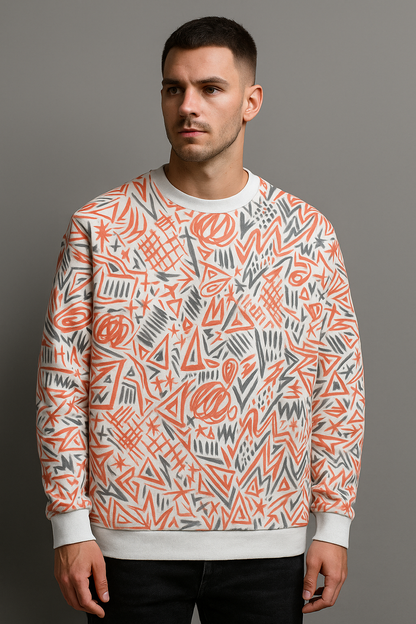 Abstract Chaos Art Sweatshirt – Red & Grey Patterned All-Over Print Unisex Crewneck | Artistic Streetwear Pullover