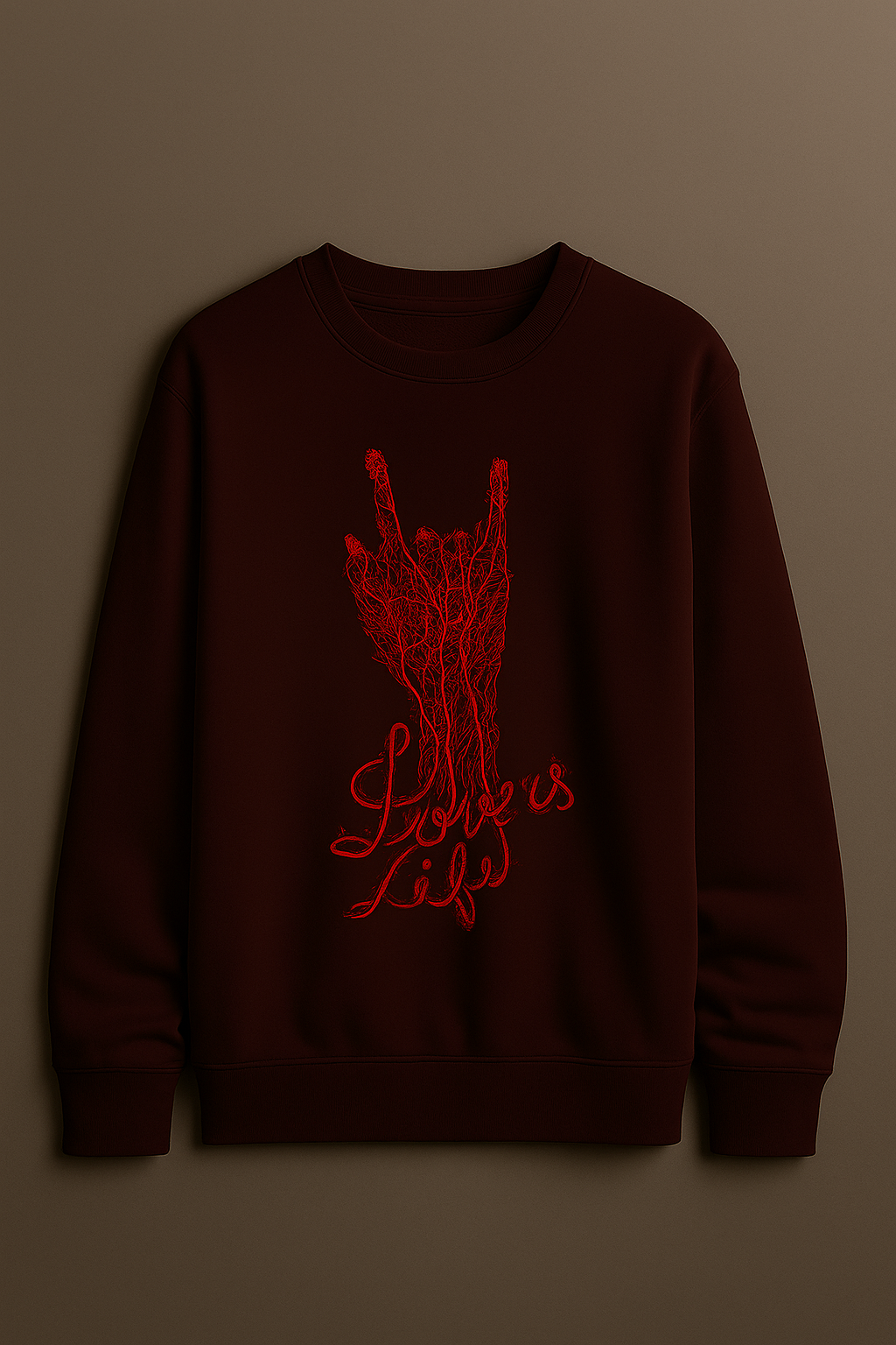 “Love Is Life” Graphic Sweatshirt – Red Hand Sign Art | Dark Maroon Unisex Streetwear Pullover