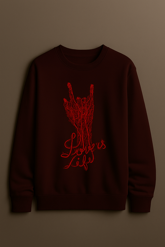 “Love Is Life” Graphic Sweatshirt – Red Hand Sign Art | Dark Maroon Unisex Streetwear Pullover