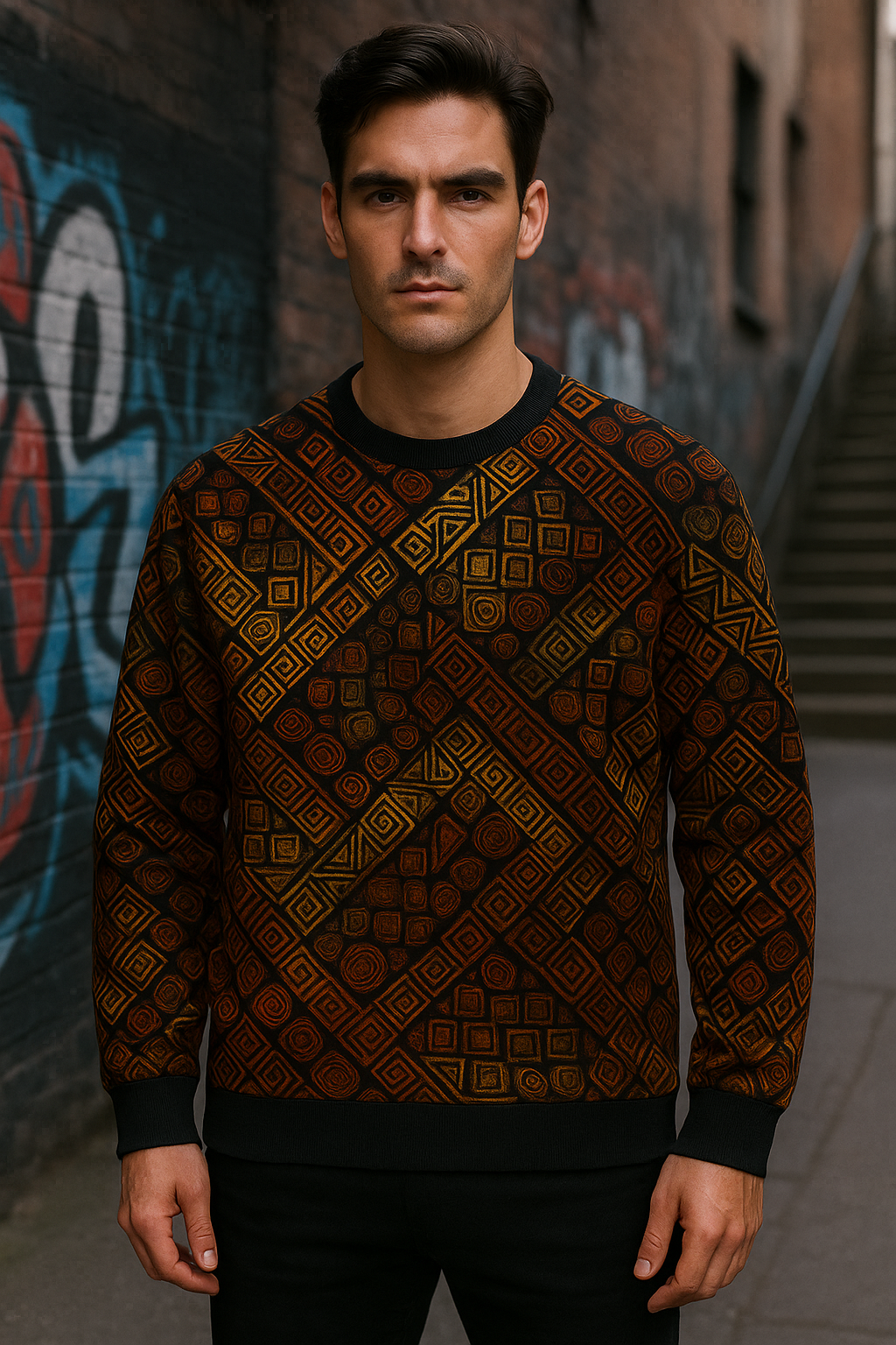 Unisex Tribal Geometric Pattern Sweater – Warm Ethnic Print Pullover (Black/Bronze/Gold)