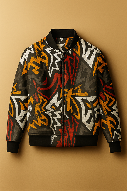 Unisex Abstract Graffiti Bomber Jacket – Bold Streetwear Zip-Up Jacket (Black/Red/Yellow/White)