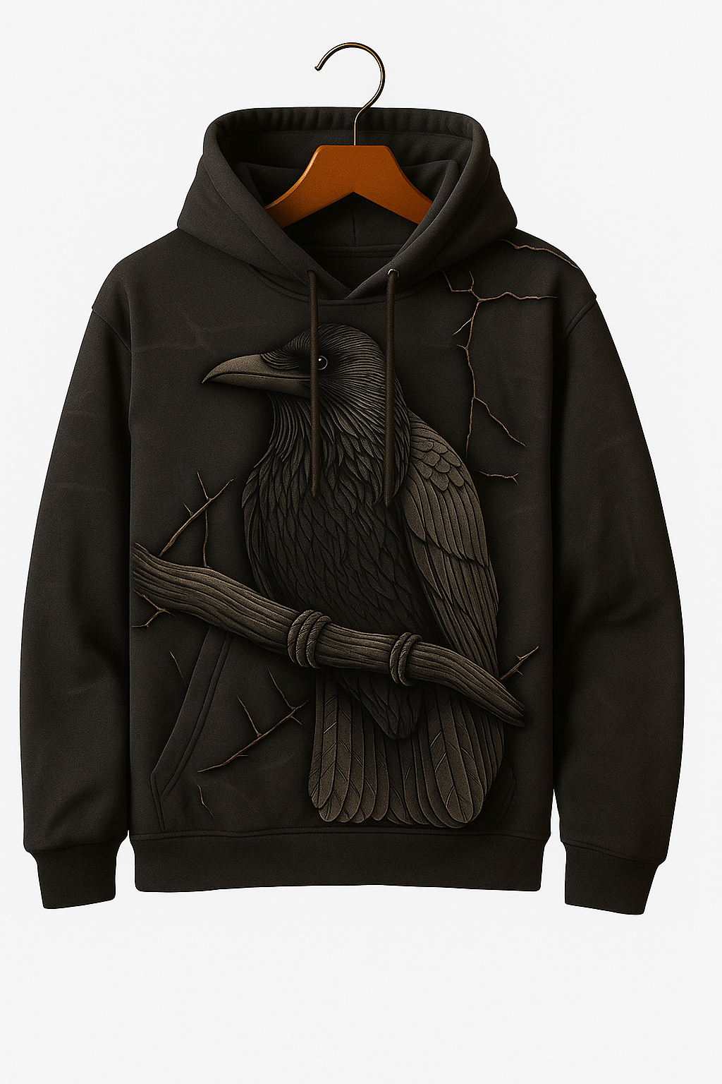 Black Raven Hoodie – 3D Carved Raven Artwork Pullover | Gothic Crow Hoodie for Dark Aesthetic Fashion