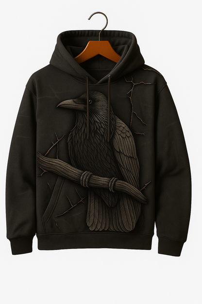 Black Raven Hoodie – 3D Carved Raven Artwork Pullover | Gothic Crow Hoodie for Dark Aesthetic Fashion
