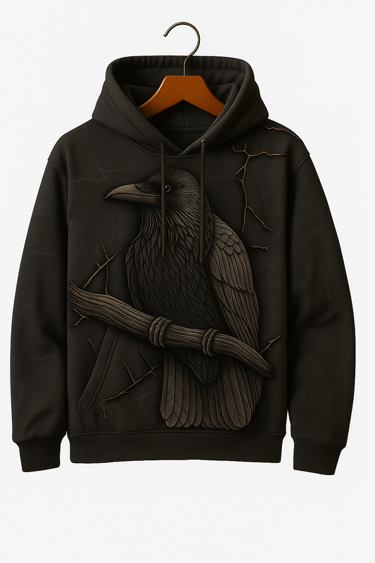 Black Raven Hoodie – 3D Carved Raven Artwork Pullover | Gothic Crow Hoodie for Dark Aesthetic Fashion