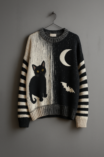 Black Cat & Moon Knit Sweater – Striped Sleeves | Halloween Aesthetic | Cozy Vintage-Style Pullover | Unisex