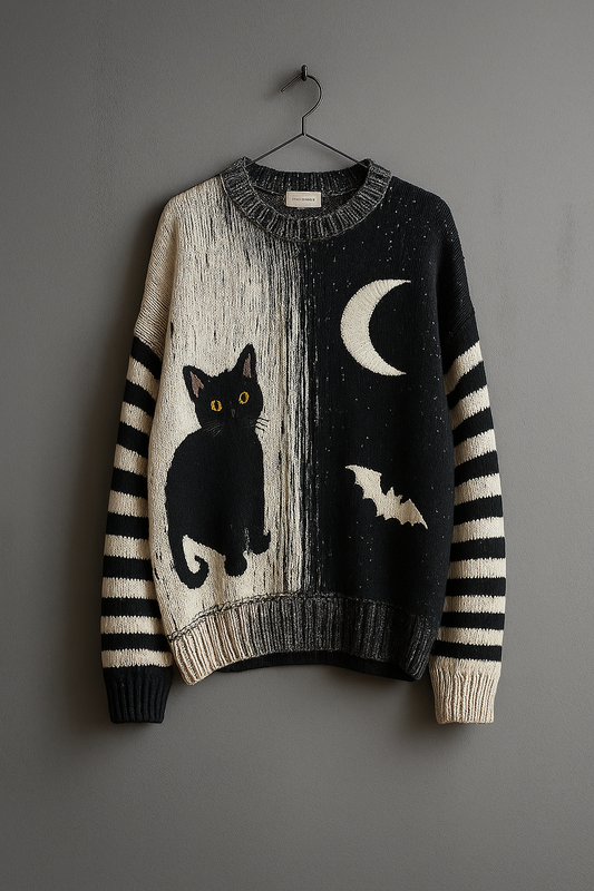 Black Cat & Moon Knit Sweater – Striped Sleeves | Halloween Aesthetic | Cozy Vintage-Style Pullover | Unisex