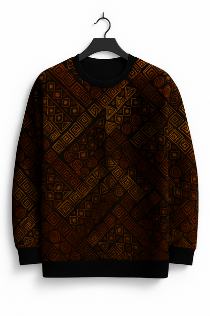Unisex Tribal Geometric Pattern Sweater – Warm Ethnic Print Pullover (Black/Bronze/Gold)