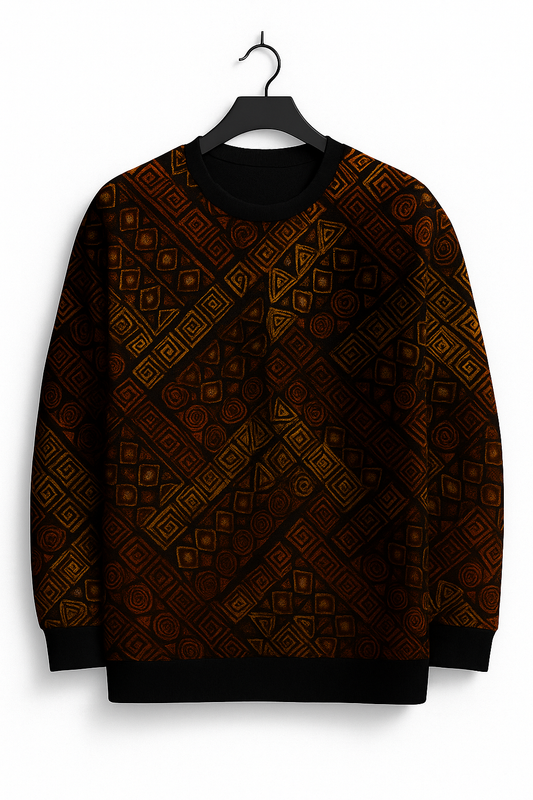 Unisex Tribal Geometric Pattern Sweater – Warm Ethnic Print Pullover (Black/Bronze/Gold)