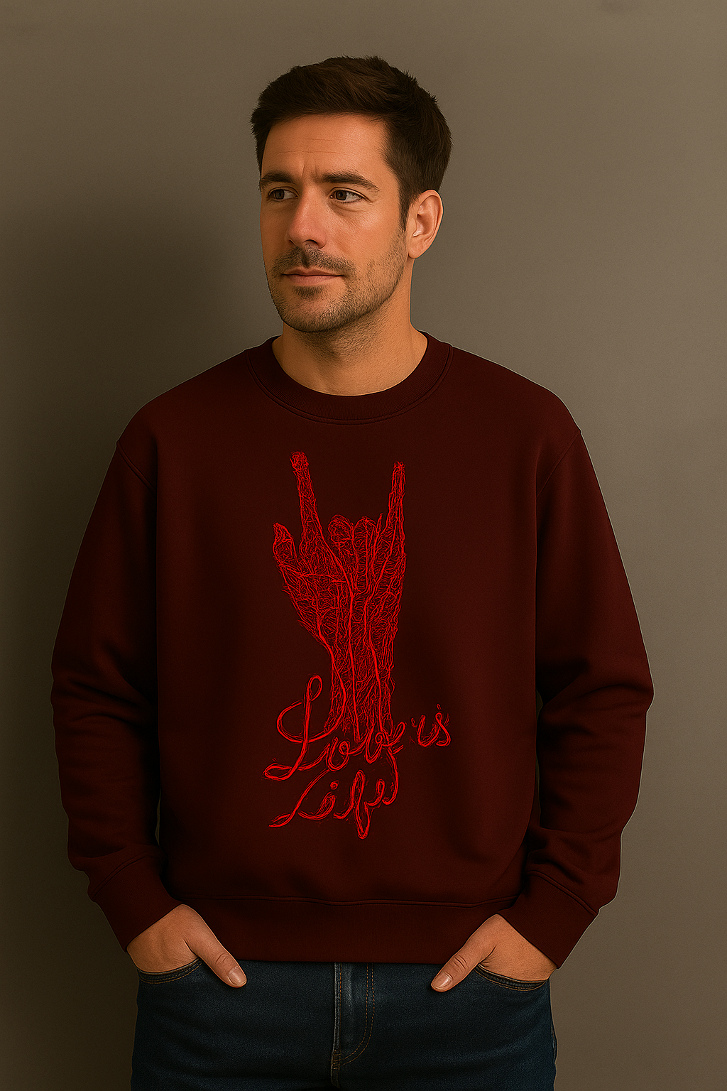 “Love Is Life” Graphic Sweatshirt – Red Hand Sign Art | Dark Maroon Unisex Streetwear Pullover