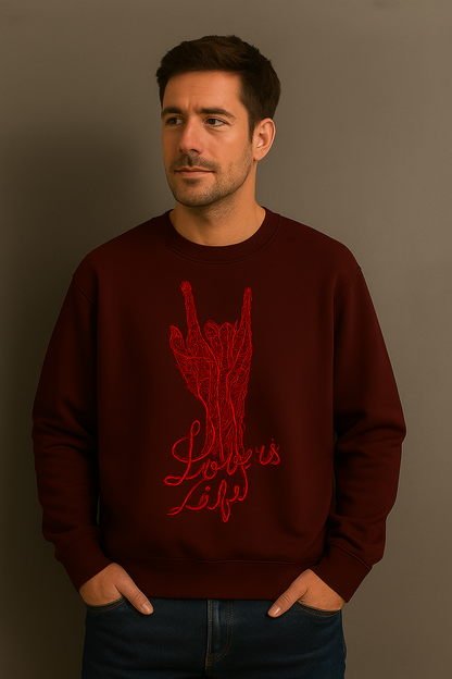 “Love Is Life” Graphic Sweatshirt – Red Hand Sign Art | Dark Maroon Unisex Streetwear Pullover