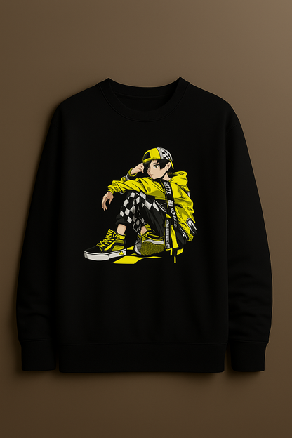 Anime Streetwear Sweatshirt – Yellow Urban Boy Graphic | Oversized Unisex Pullover | Japanese Cartoon Hoodie Style