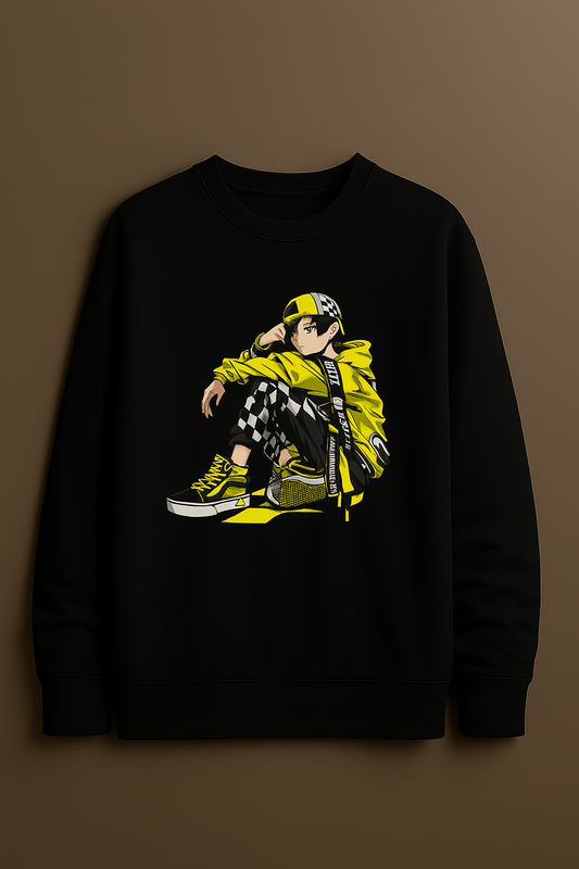 Anime Streetwear Sweatshirt – Yellow Urban Boy Graphic | Oversized Unisex Pullover | Japanese Cartoon Hoodie Style