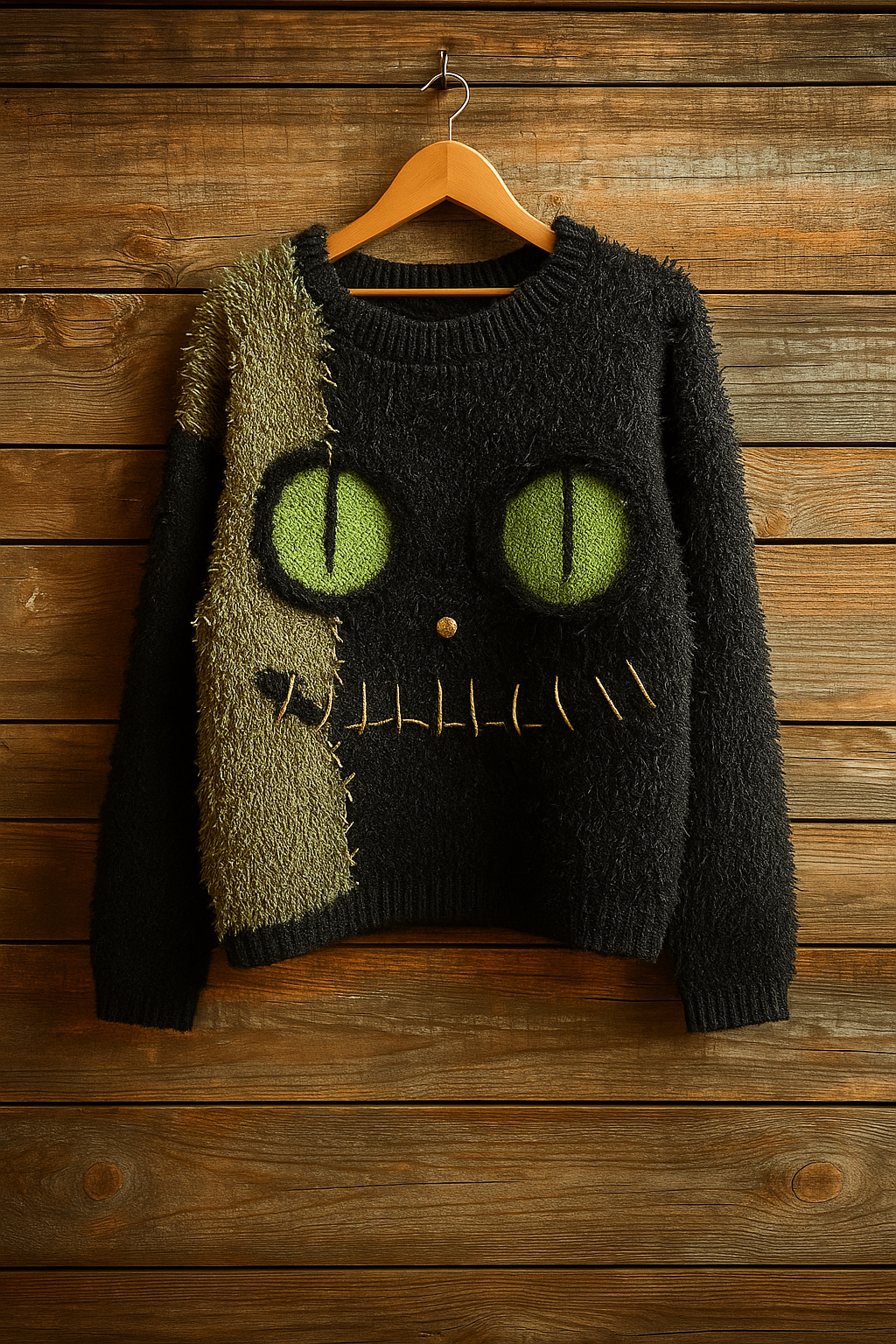 Fuzzy Patchwork Cat Face Sweater – Green Eyes Creepy Cute Knit | Distressed Halloween Pullover | Cozy Unisex Fall Sweater