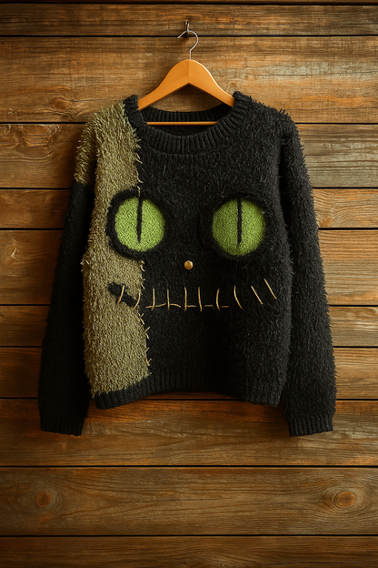 Fuzzy Patchwork Cat Face Sweater – Green Eyes Creepy Cute Knit | Distressed Halloween Pullover | Cozy Unisex Fall Sweater