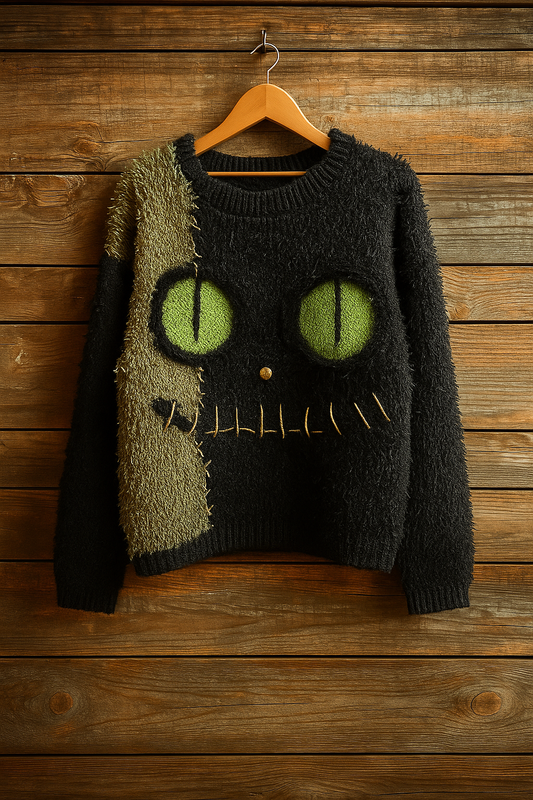 Fuzzy Patchwork Cat Face Sweater – Green Eyes Creepy Cute Knit | Distressed Halloween Pullover | Cozy Unisex Fall Sweater