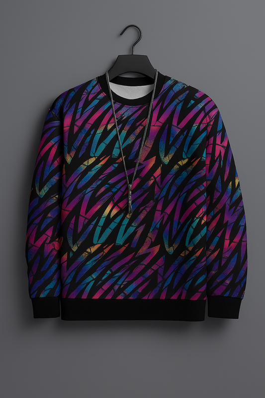 Neon Abstract Pattern Sweatshirt – Vibrant Multicolor Streetwear Unisex Pullover | Retro Wave Graphic Crewneck