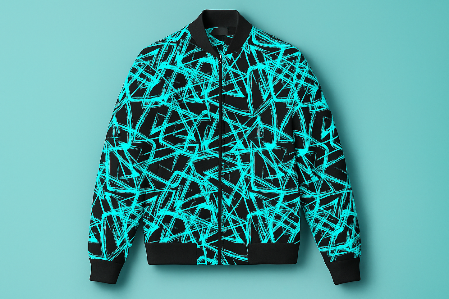Neon Teal Abstract Streak Bomber Jacket – Electric Graphic Streetwear | Unisex Black & Teal Zip-Up Jacket