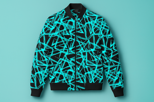 Neon Teal Abstract Streak Bomber Jacket – Electric Graphic Streetwear | Unisex Black & Teal Zip-Up Jacket