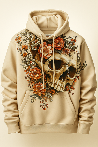 Vintage Floral Skull Hoodie – Beige Gothic Aesthetic Sweatshirt with Artistic Skull & Flowers Design