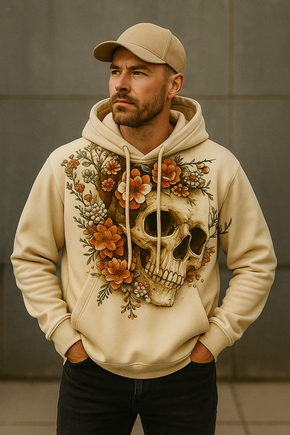 Vintage Floral Skull Hoodie – Beige Gothic Aesthetic Sweatshirt with Artistic Skull & Flowers Design